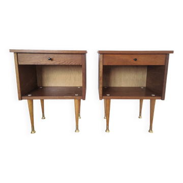 Paire de Chevets Vintage Mid-Century en Noyer & Laiton - 8 Sabots Cloche -