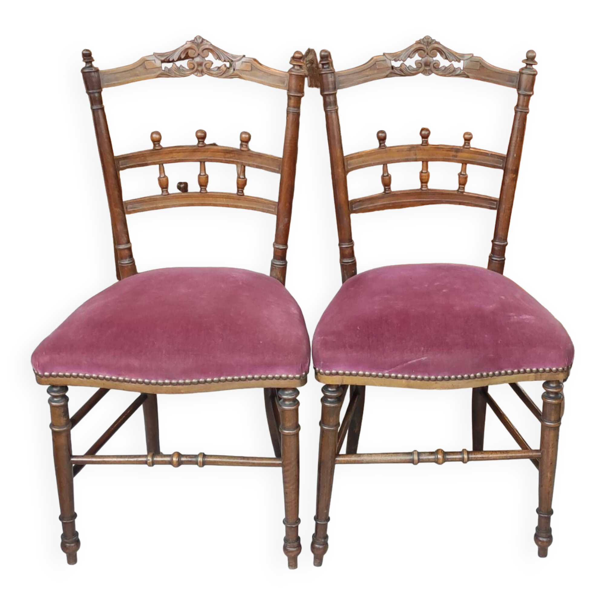 Pair of old velvet chairs in old rose carved wood