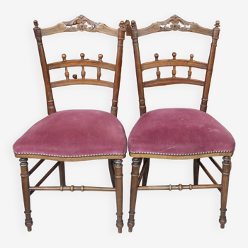 Pair of old velvet chairs in old rose carved wood