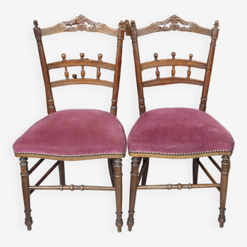 Paire anciennes chaises velours vieux rose bois sculpté
