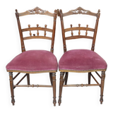 Paire anciennes chaises velours vieux rose bois sculpté