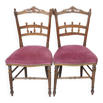 Paire anciennes chaises velours vieux rose bois sculpté