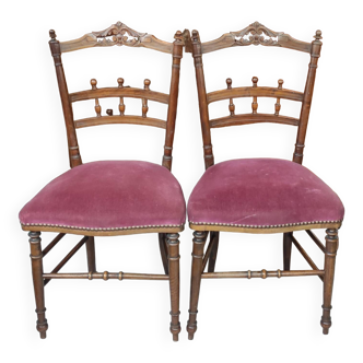 Pair of old velvet chairs in old rose carved wood