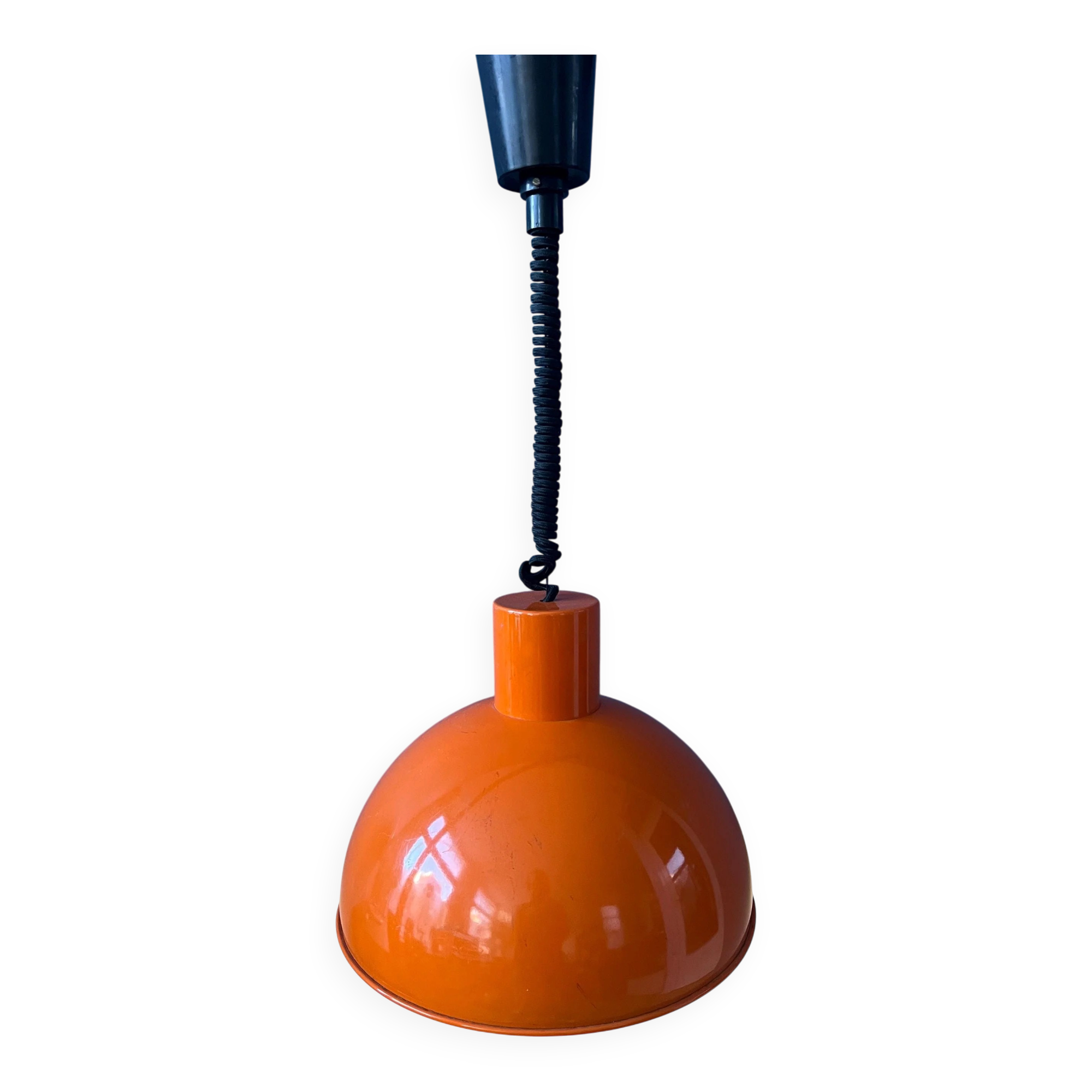 Orange enamelled metal suspension by Fog & Mørup by Jo Hammerborg.