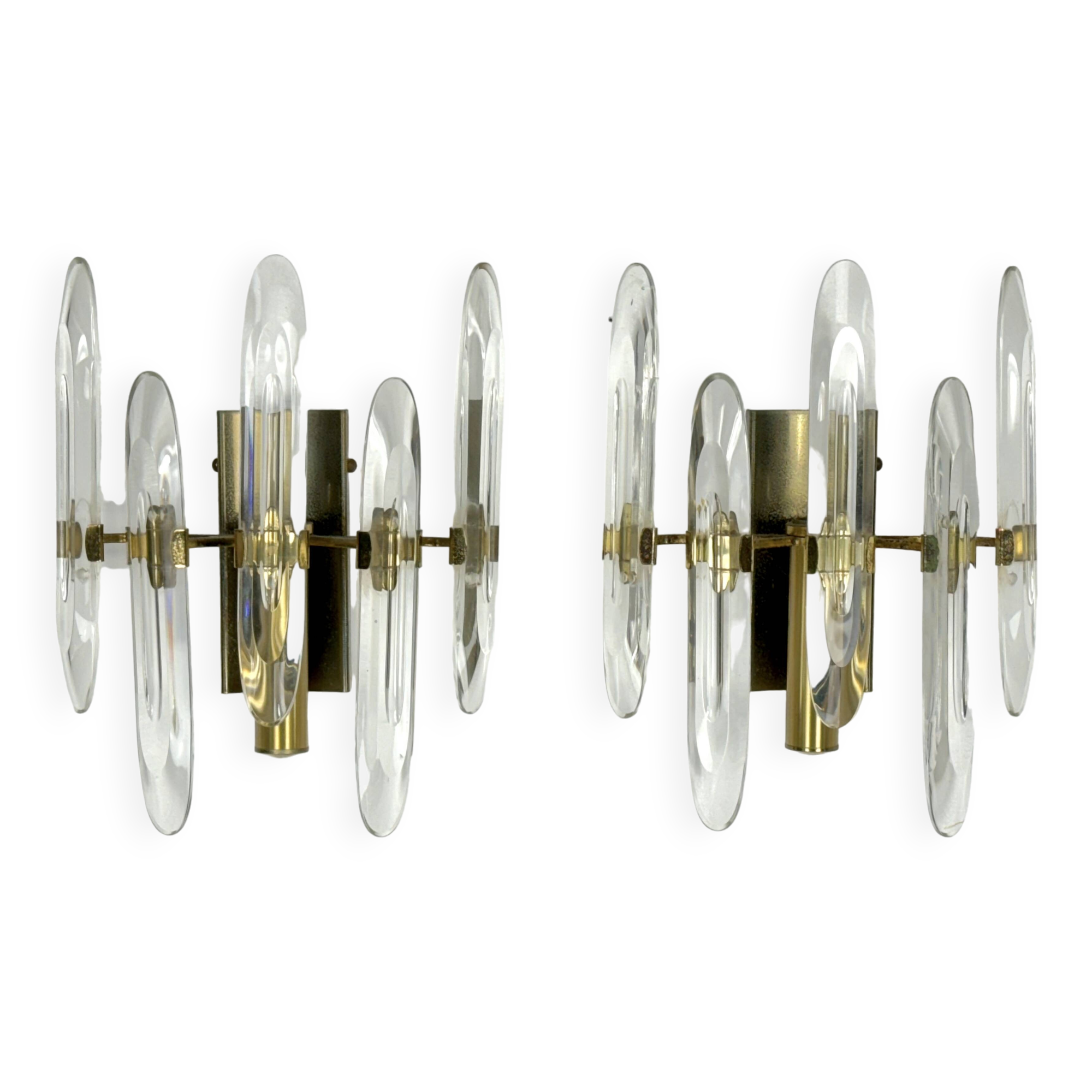 Sciolari, set of two large sconces in glass and gilded brass. Italy 1970s