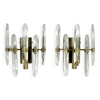 Sciolari, set of two large sconces in glass and gilded brass. Italy 1970s