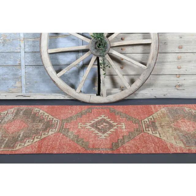 Vintage Turkish hand-knotted wool cotton red runner rug 85x386