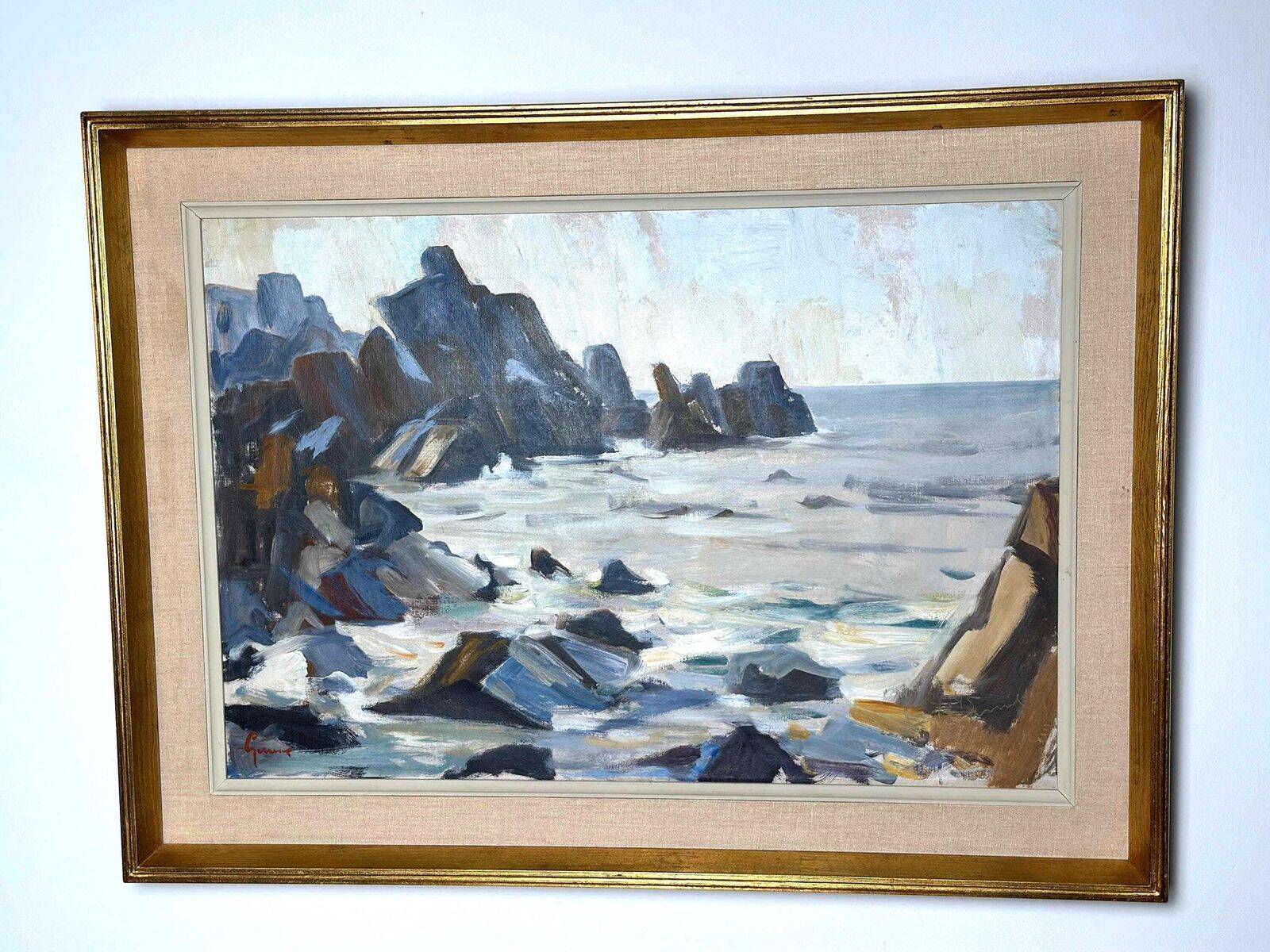 Original Mid Century Swedish Oil On Canvas – Coastal View, Grundsund By Carl Gunne – Vintage & Framed