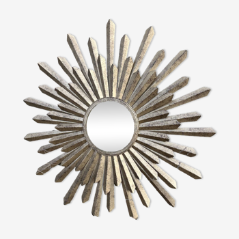 Sun mirror in patinated gold metal from the 2000s Diam 76 cm