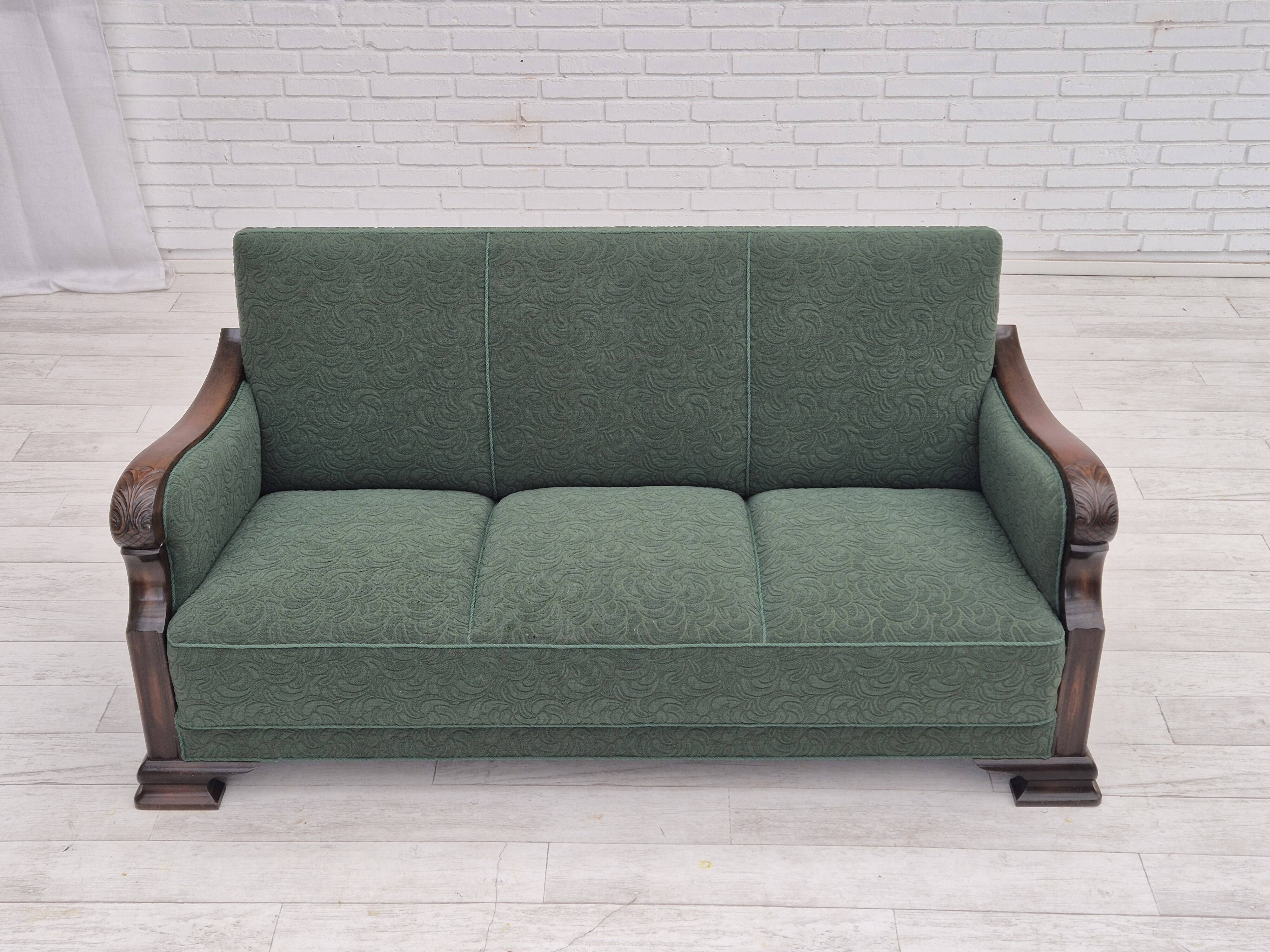 1950s, 3-seater sofa, green furniture blend wool, beech wood.