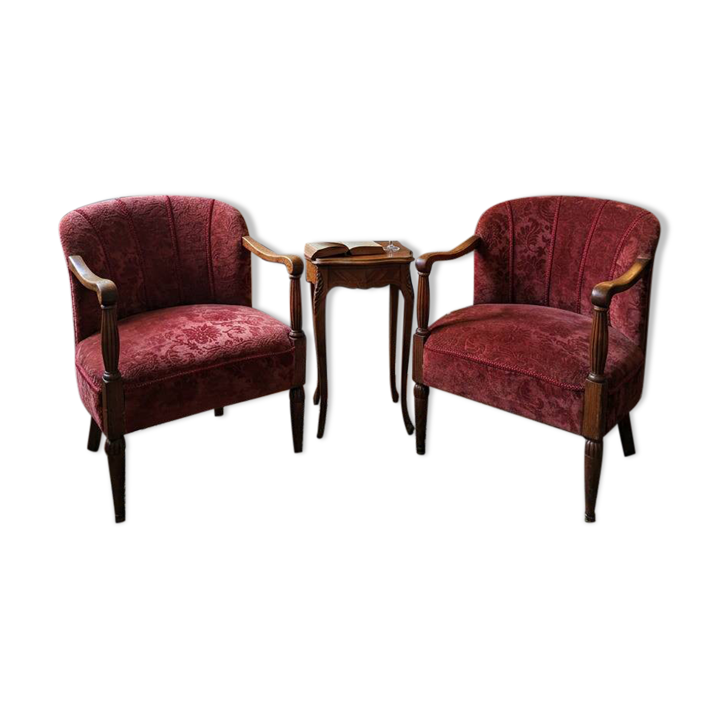 Elegante Coppia di Poltrone Vintage Anni '60 in Rovere e Velluto Damascato