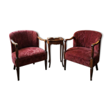 Elegante Coppia di Poltrone Vintage Anni '60 in Rovere e Velluto Damascato