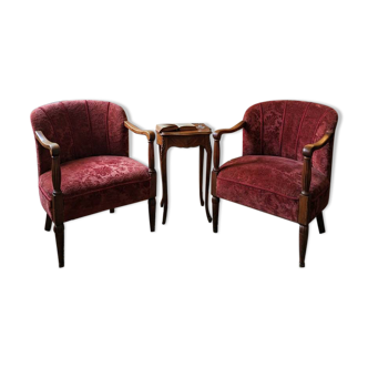 Elegante Coppia di Poltrone Vintage Anni '60 in Rovere e Velluto Damascato