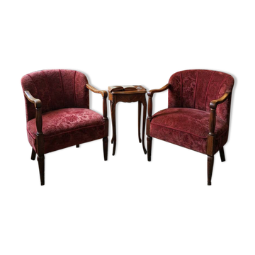 Paire de fauteuils vintage des années 60 en chêne et velours damassé.