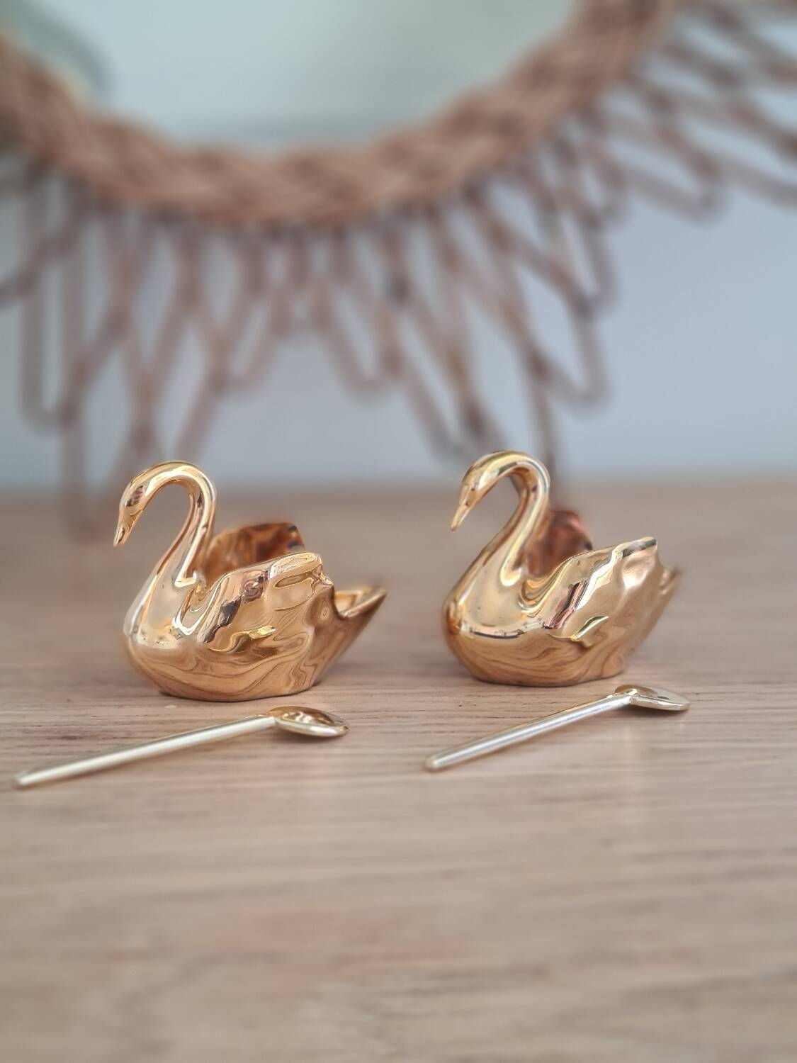 Duo of fine gold Limoges porcelain swan salt cellars