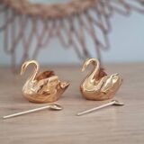 Duo of fine gold Limoges porcelain swan salt cellars