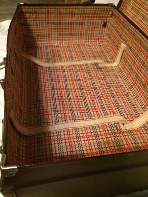 Suitcase vintage leather inside and brown carpeted home