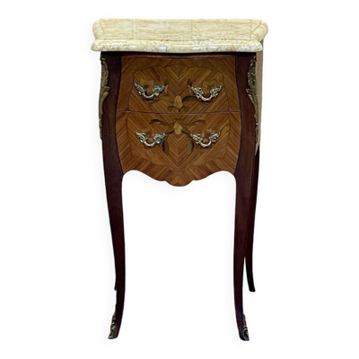Chevet de style Louis XV en bois de rose, chêne et dessus marbre - fabrication des années 70