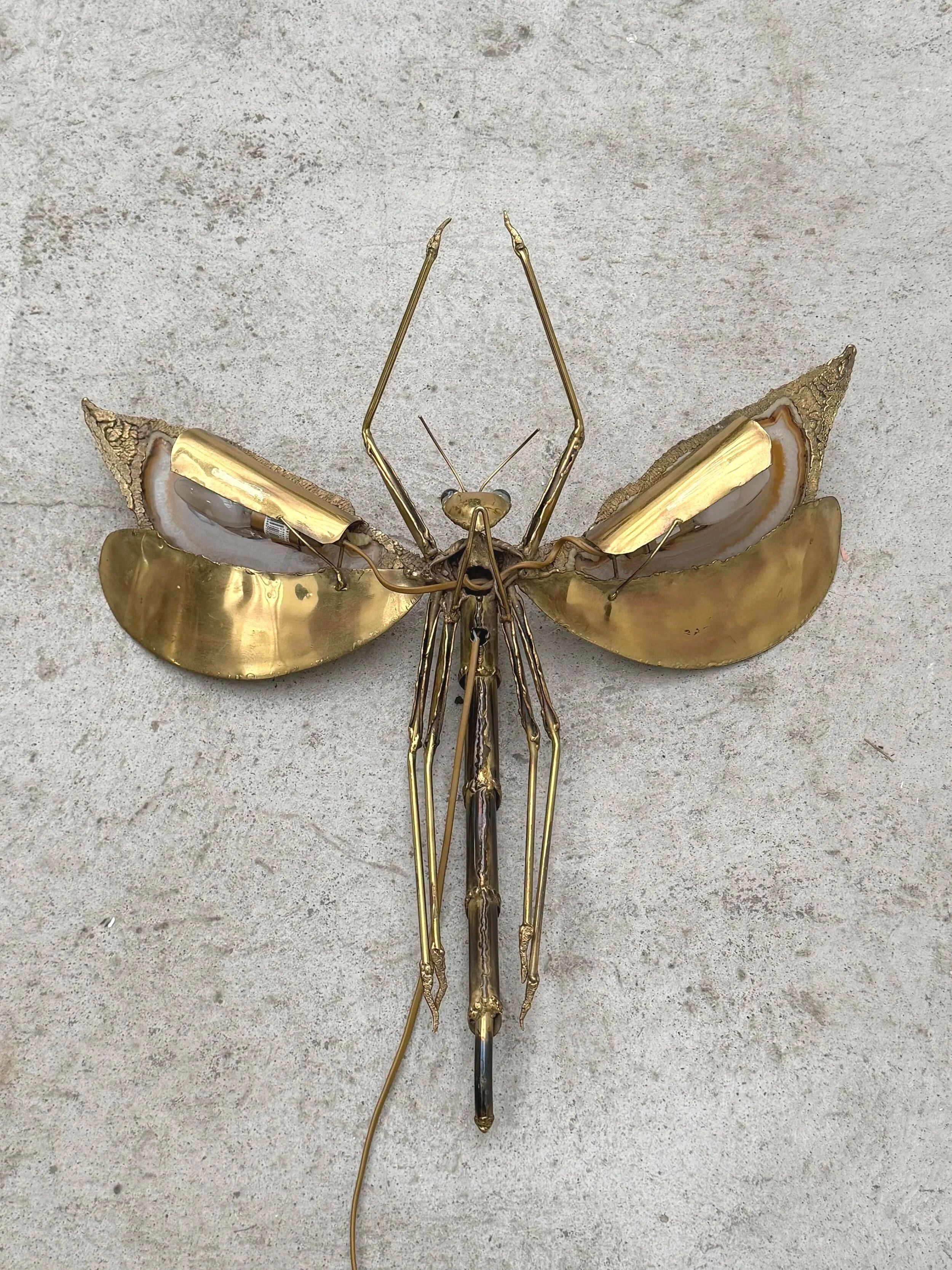 "Libellule" wall light by Jacques Duval Brasseur in brass and agate, 1970.