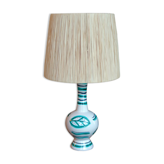 White ceramic lamp, raffia lampshade, 60s
