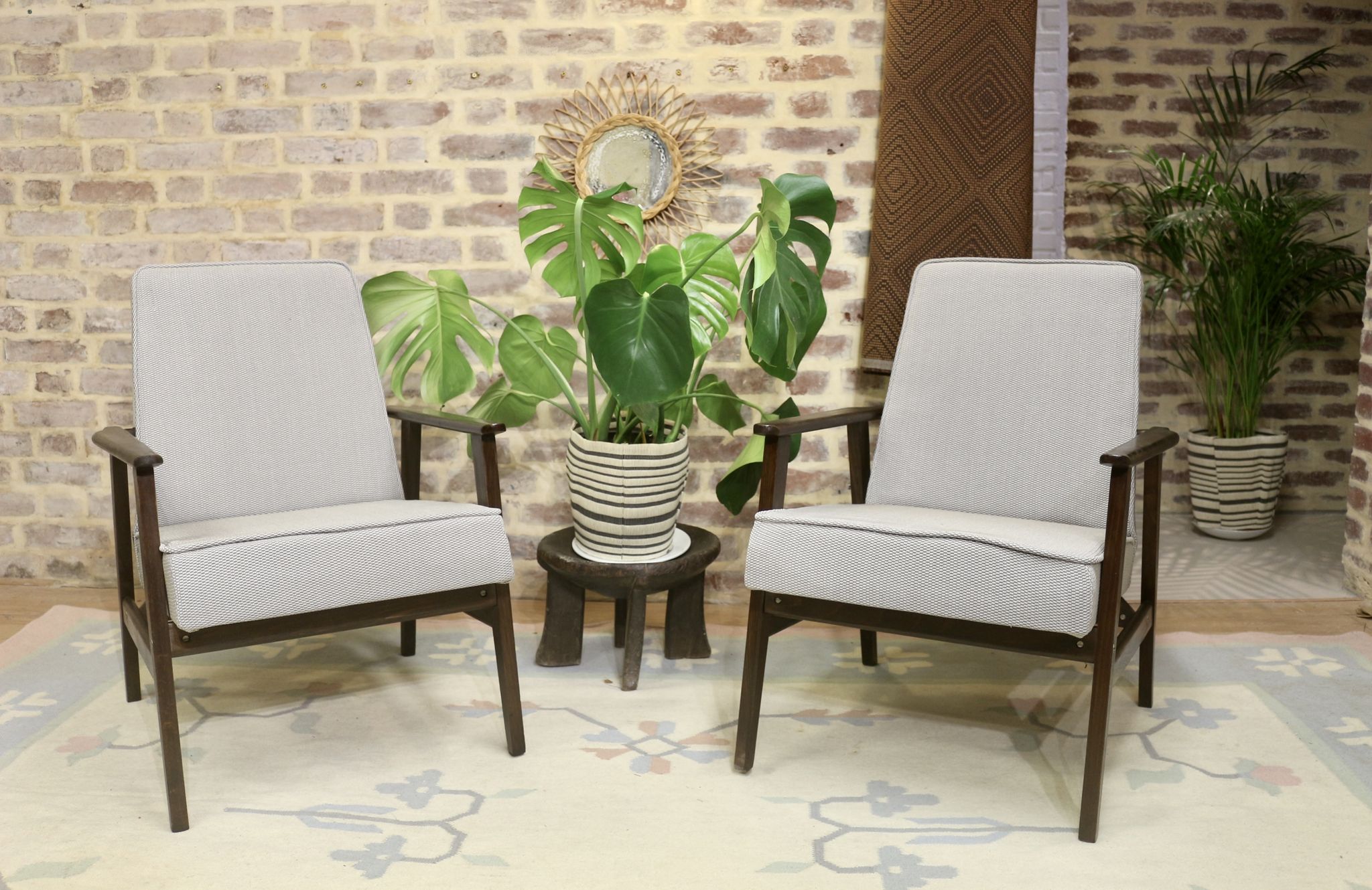 Pair of Henryk Lis armchairs 300-190s 1970s reupholstered gray textured fabric.