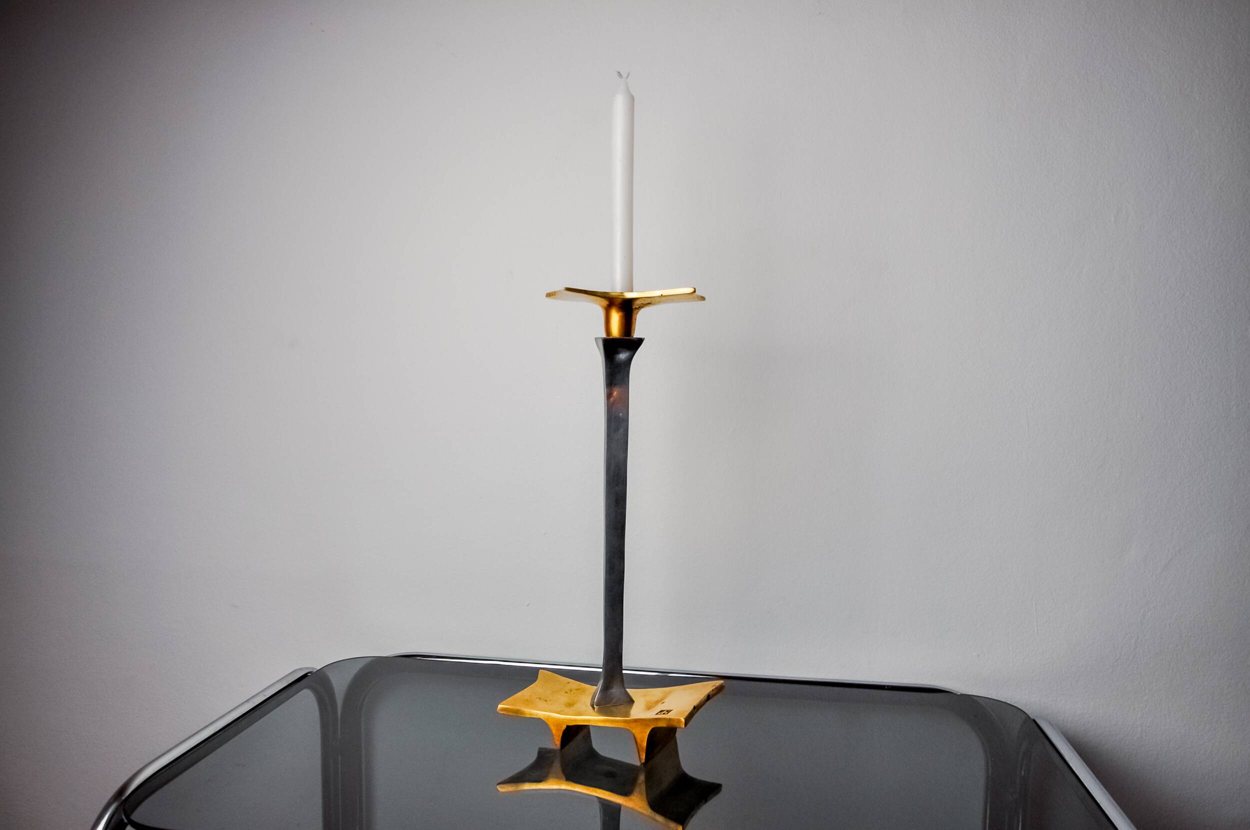Brutalist candlestick by David Marshall, bronze and aluminum, Spain, 1970
