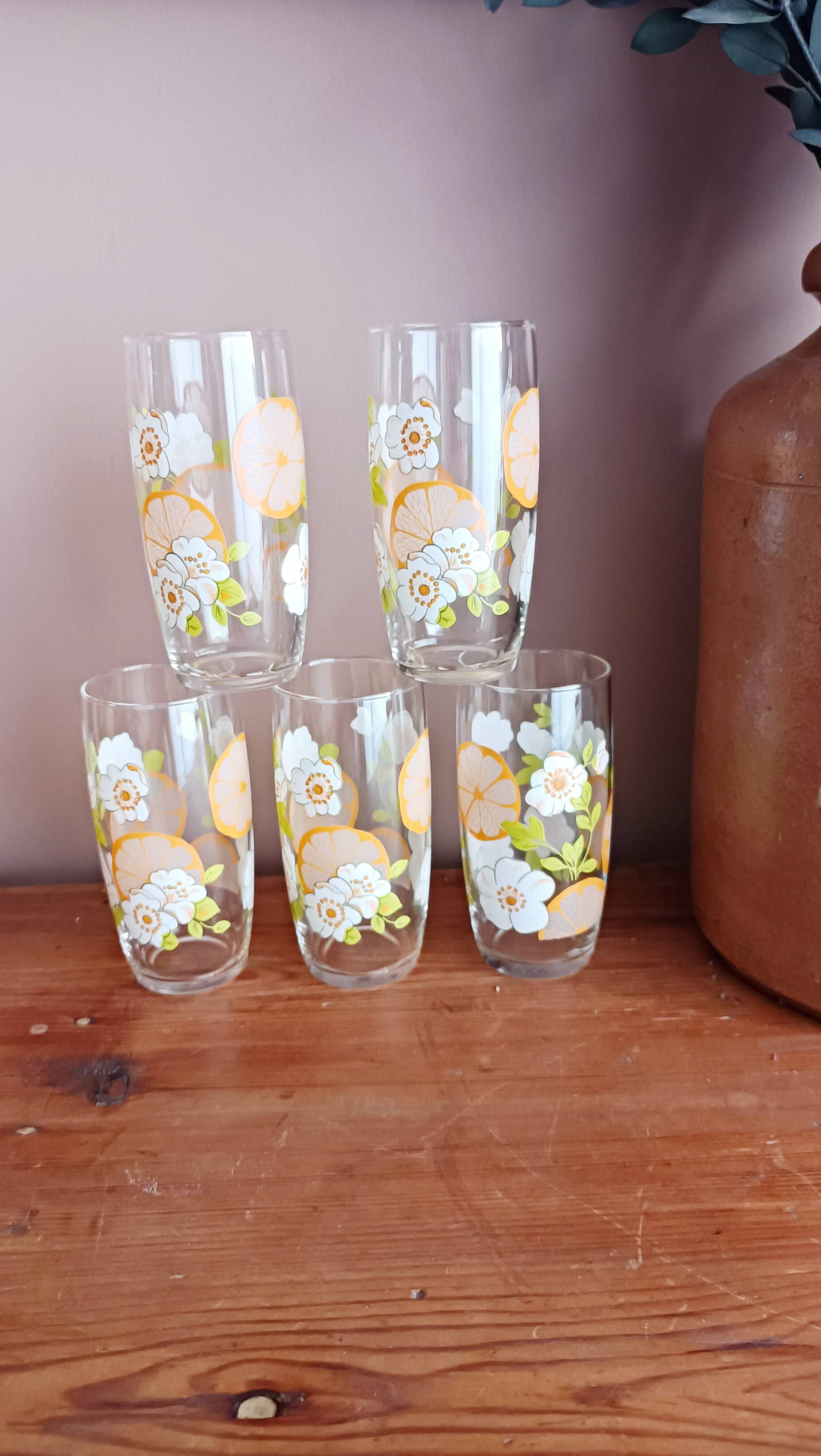 Set of 5 floral orangeade glasses