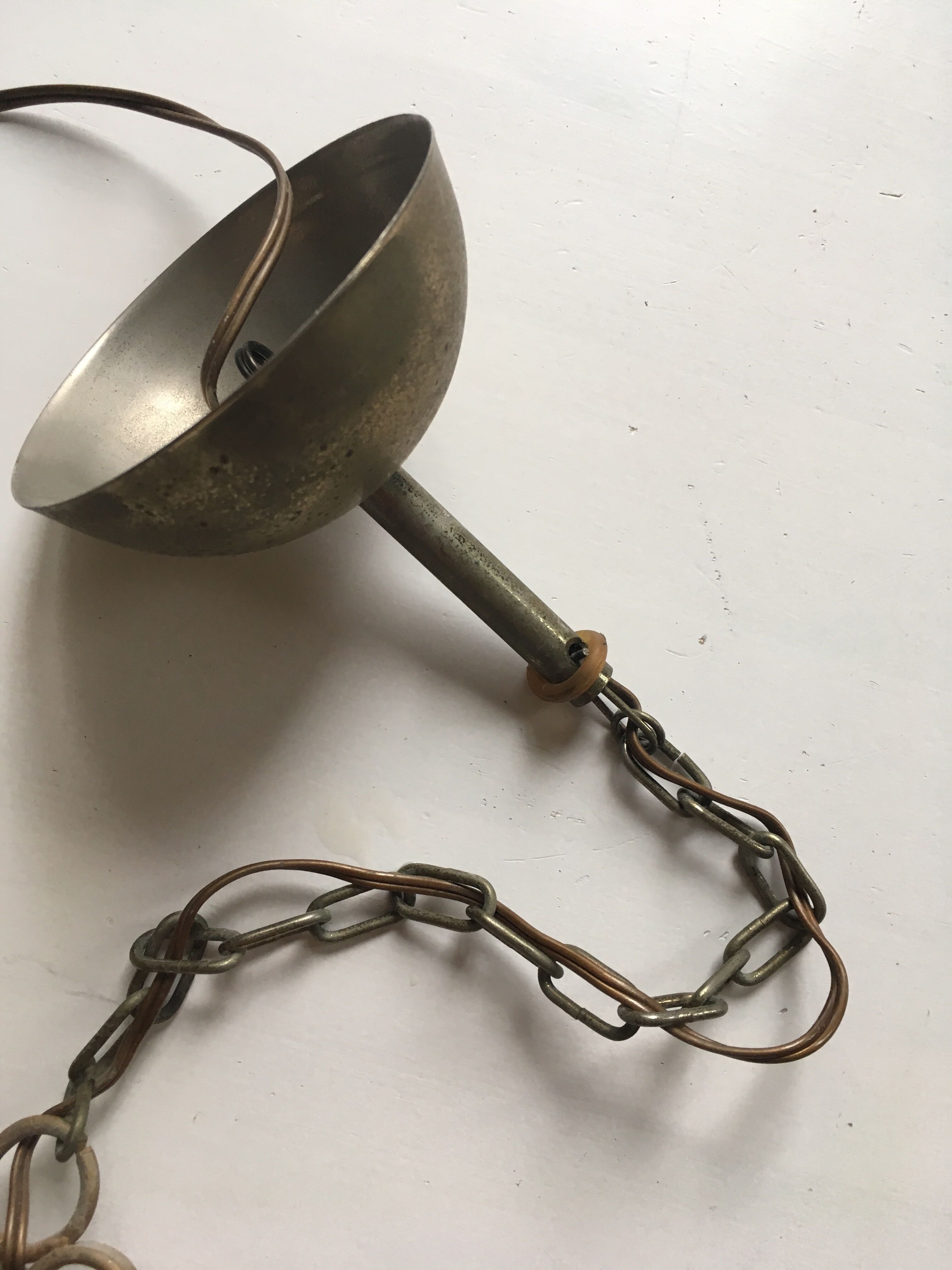 Pair of white tulip and brass pendant lamps