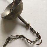 Pair of white tulip and brass pendant lamps