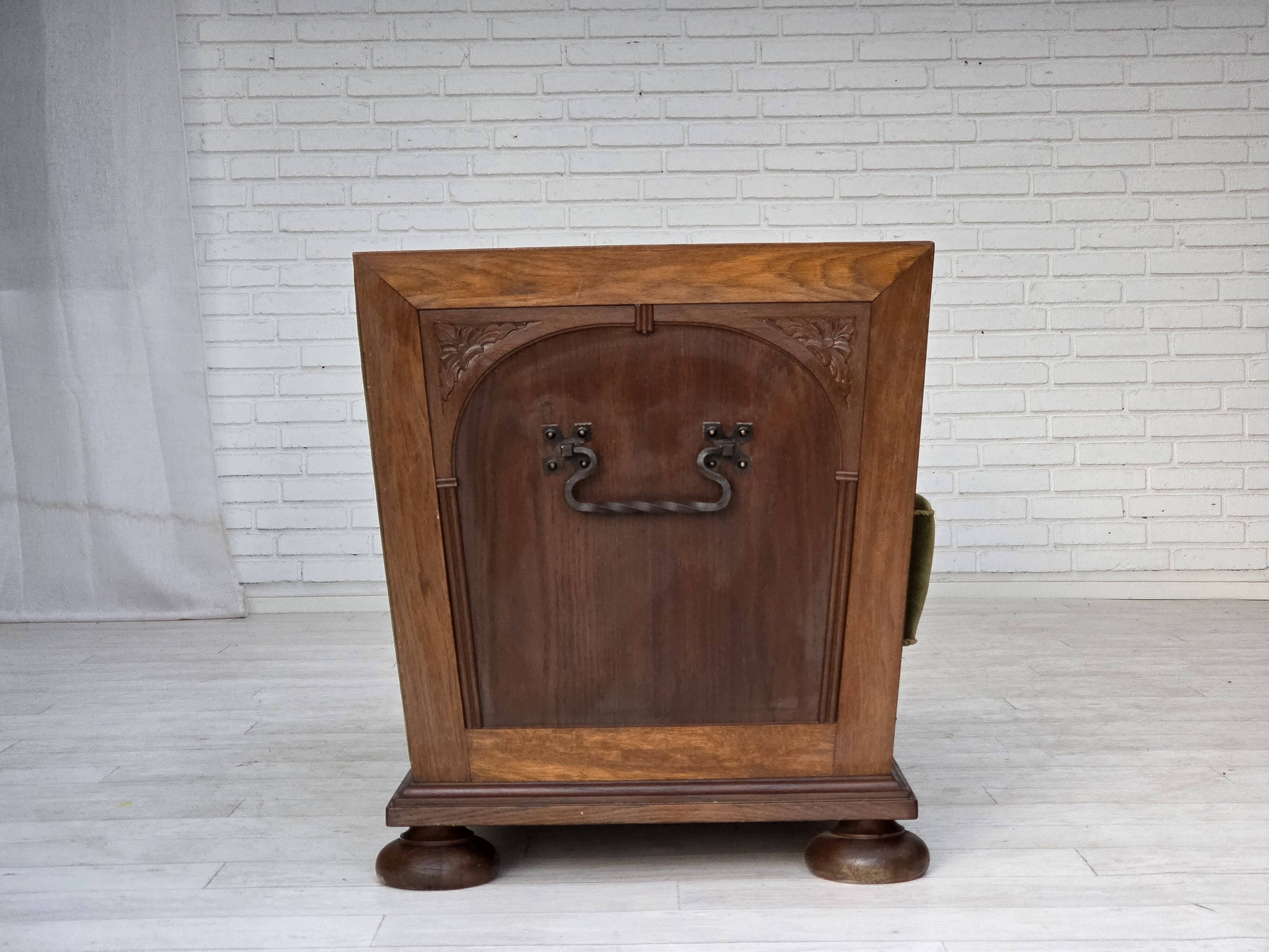 1950s, Danish 2-seater sofa, original green furniture velour, oak wood.