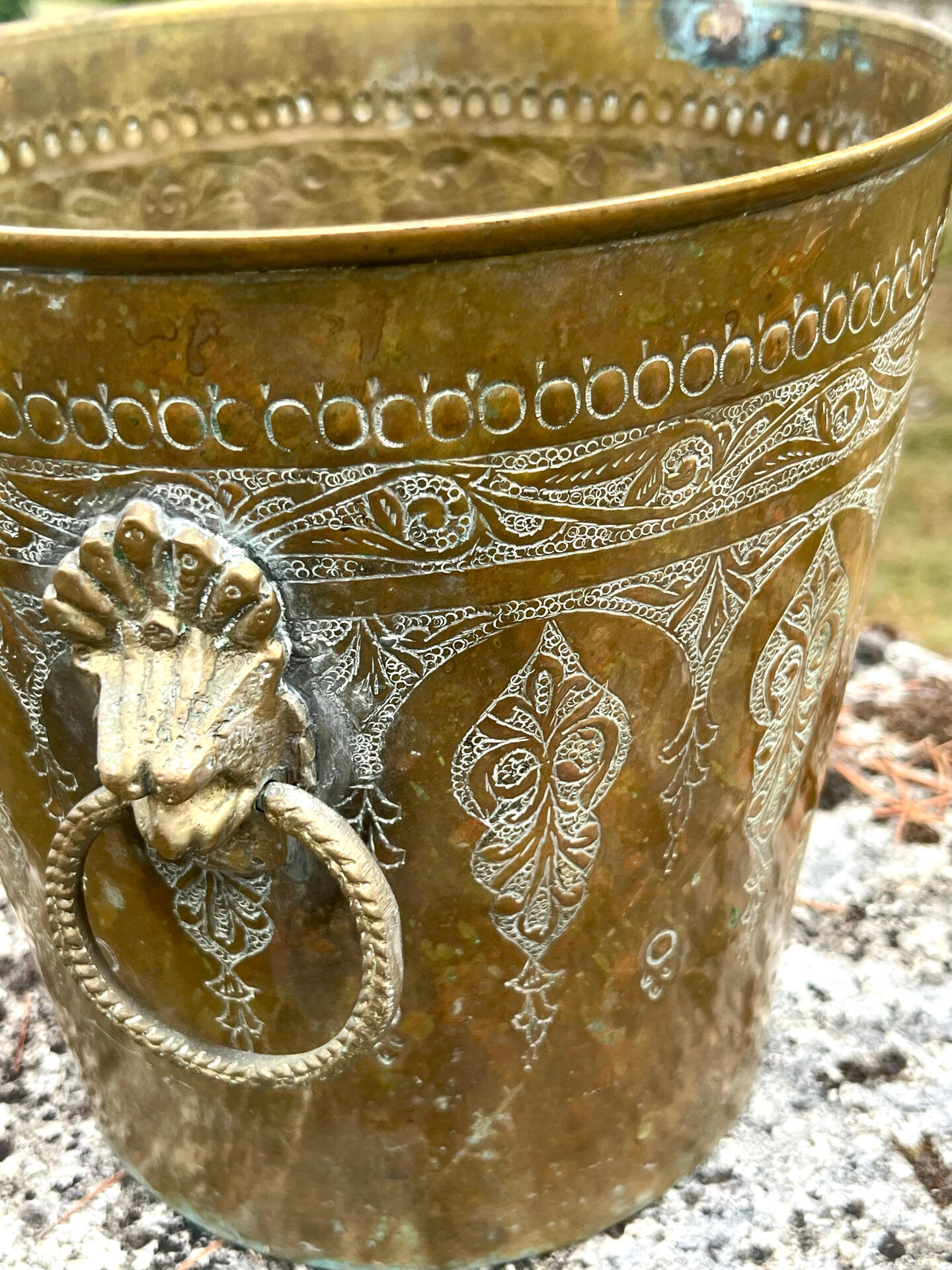 Persian Brass Champagne Bucket, Hand Engraved Ram Head Handles