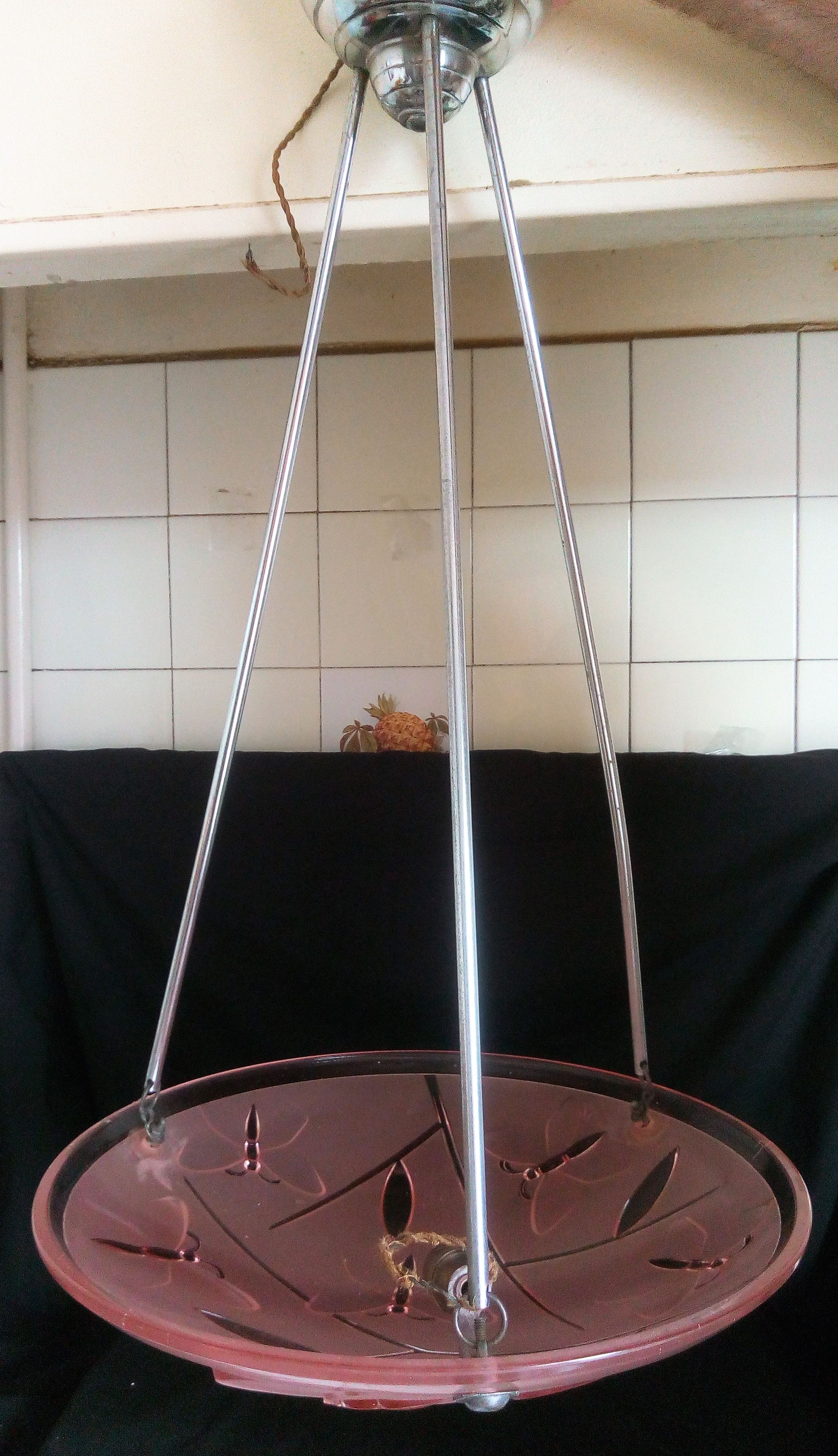 Art Deco pendant lamp in molded and pressed glass signed Degué, dragonfly motifs