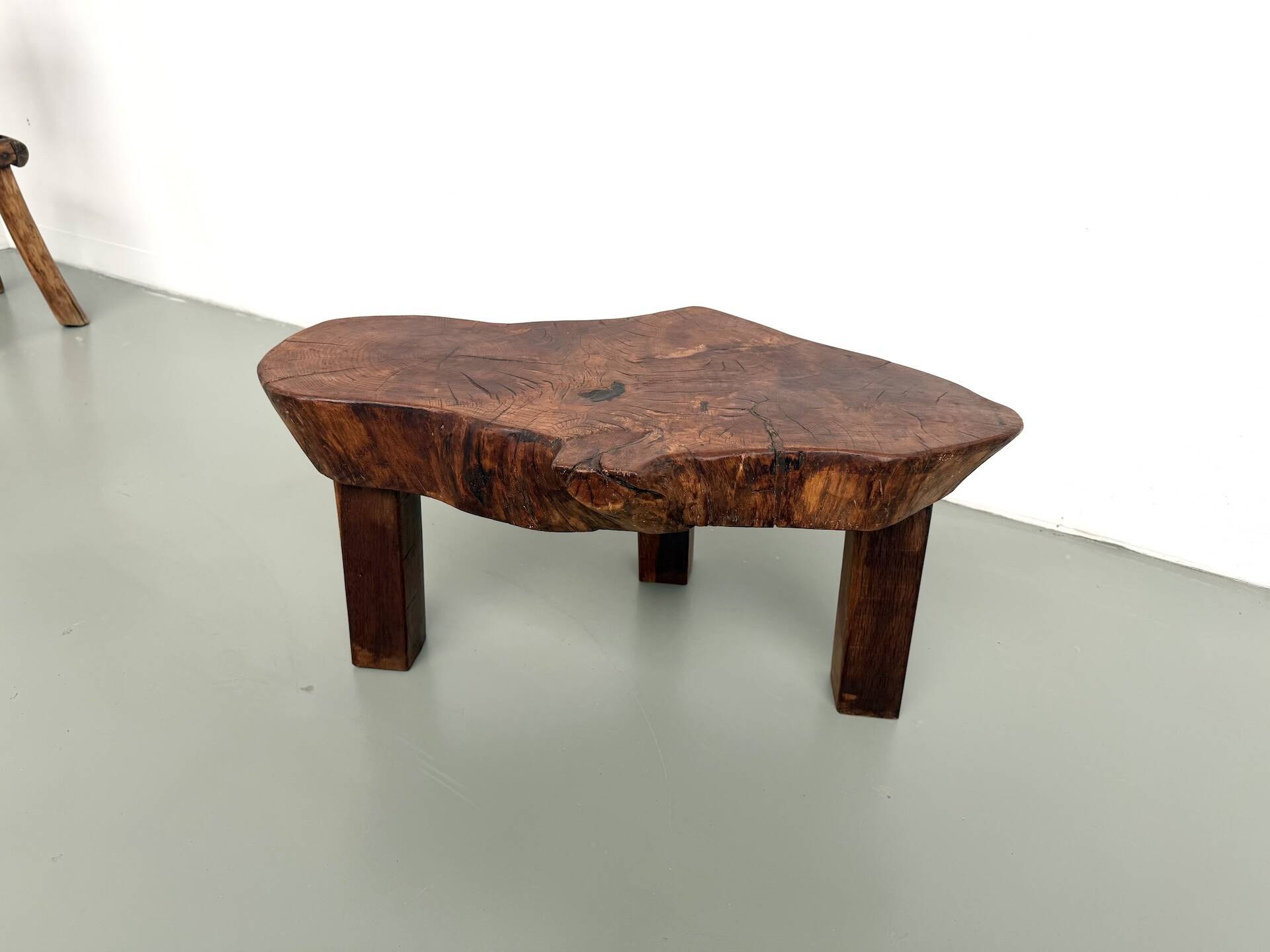 Brutalist tripod coffee table in solid teak – 1970s