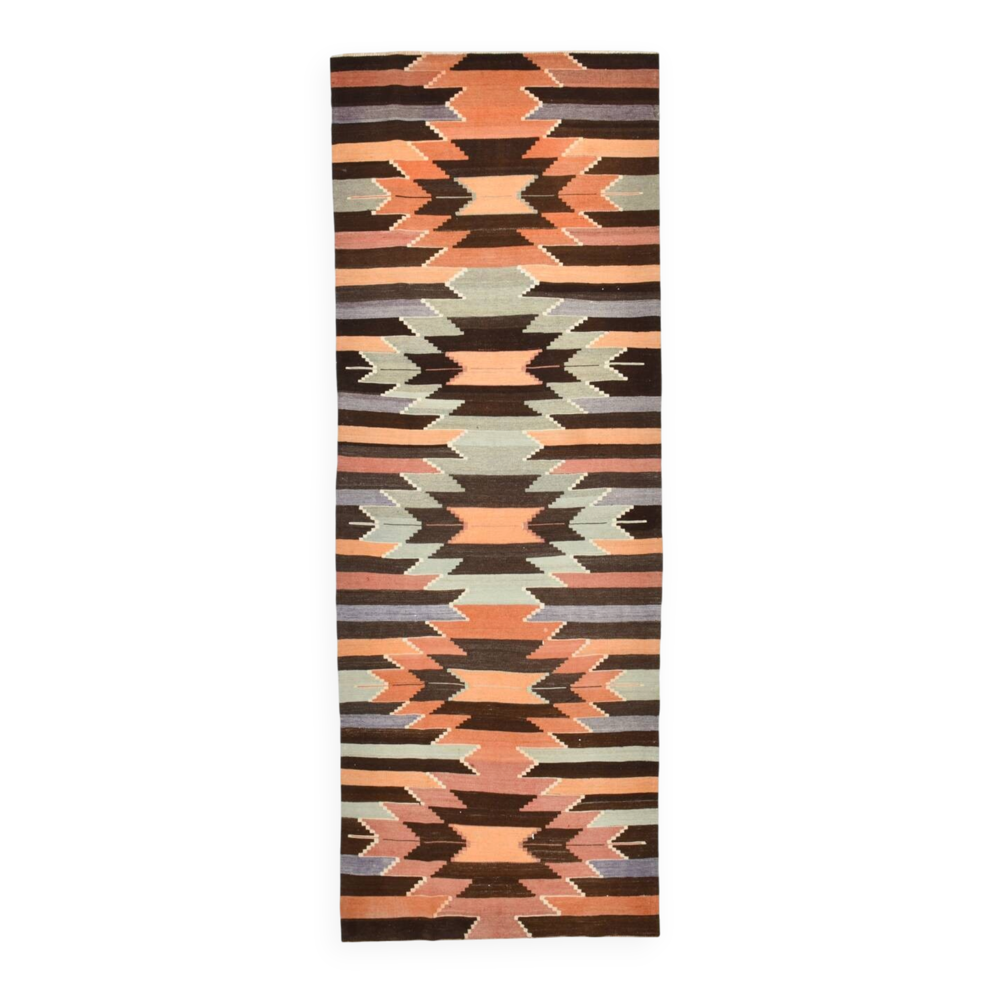 3x10 Orange  Brown Geometric Kilim Runner Rug, Handmade Wool Rug, 108x297Cm