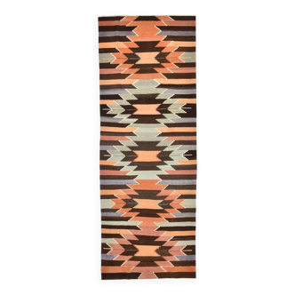 3x10 Orange  Brown Geometric Kilim Runner Rug, Handmade Wool Rug, 108x297Cm