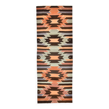 Tapis coureur géométrique orange et marron 3x10, tapis en laine fait main, 108x297 cm