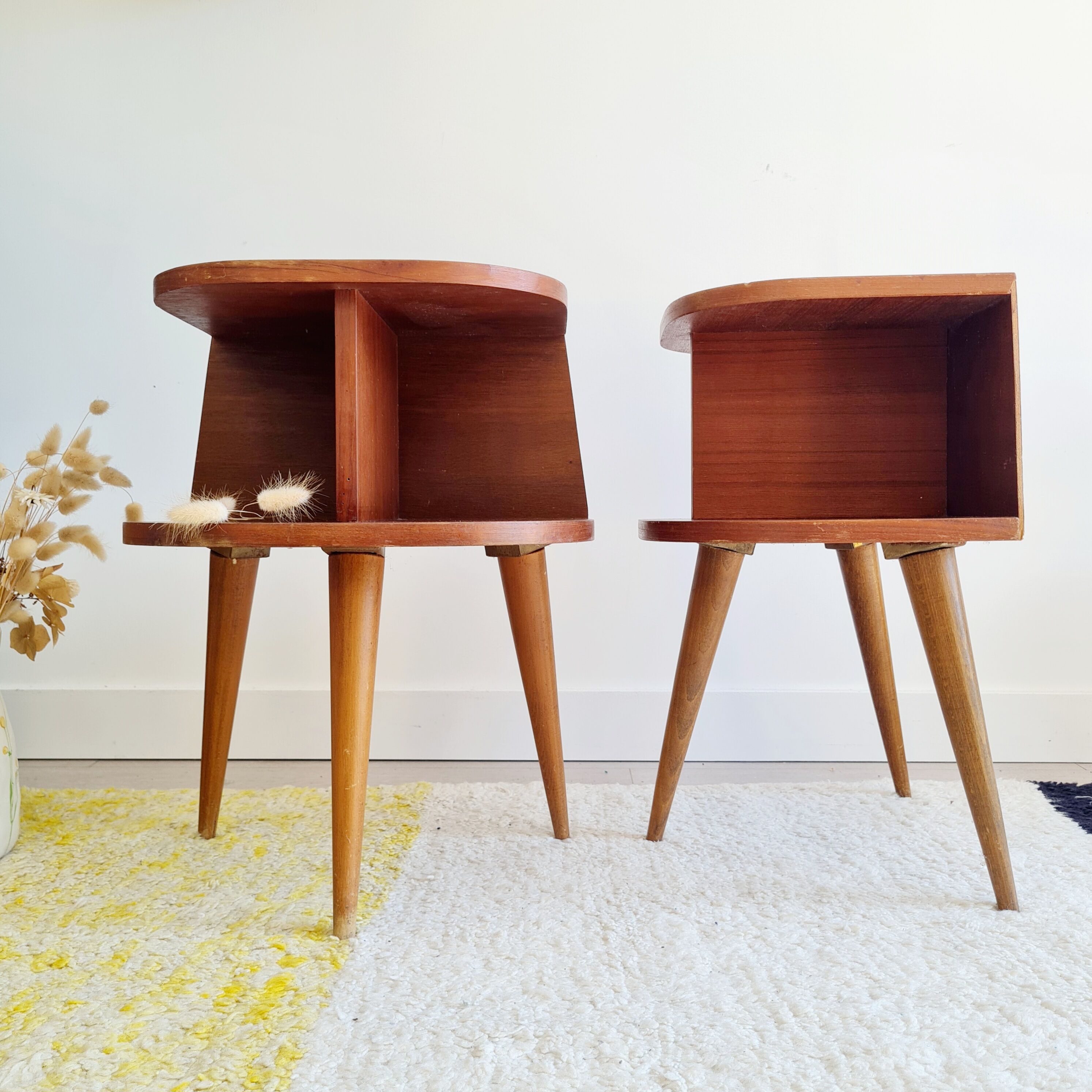 Pair of tripod bedside tables with compass feet