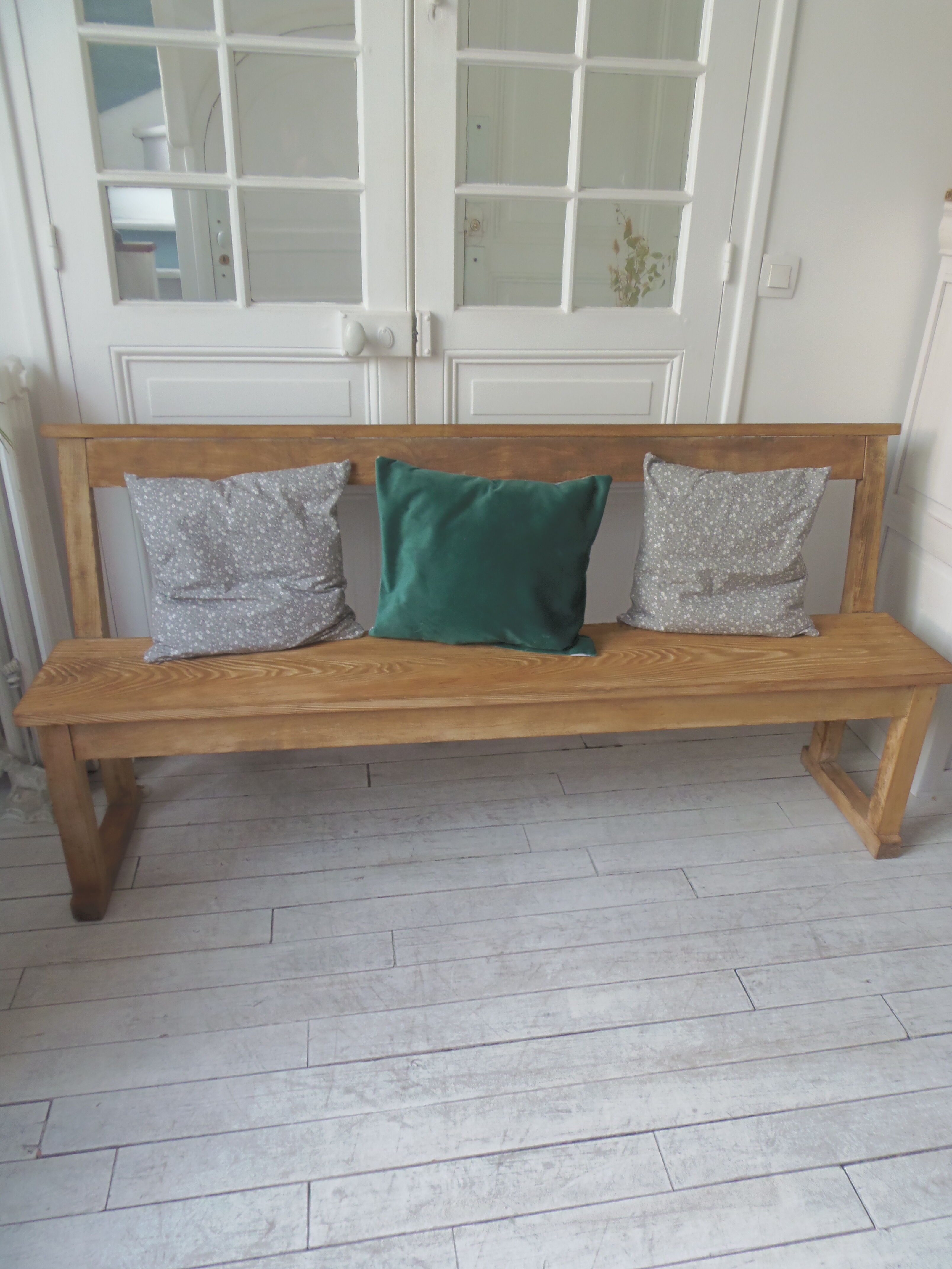 Church pew, pitchpin bed with a light oak waxed finish.