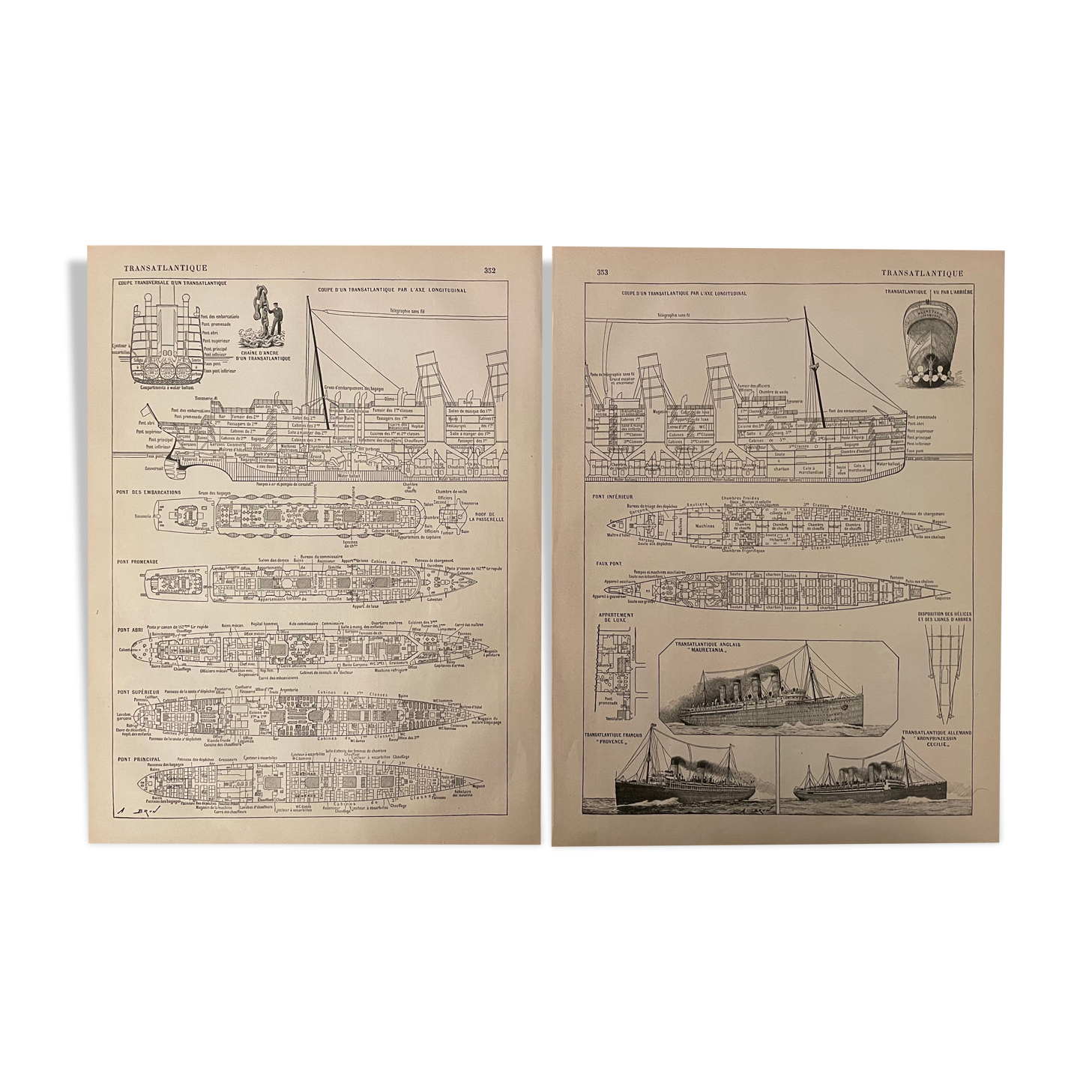 Set of 2 lithographs plan of the transatlantic liner of 1907