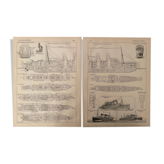 Set of 2 lithographs plan of the transatlantic liner of 1907
