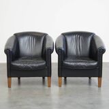 Set of 2 Black Cowhide Leather Club Chairs in English Style