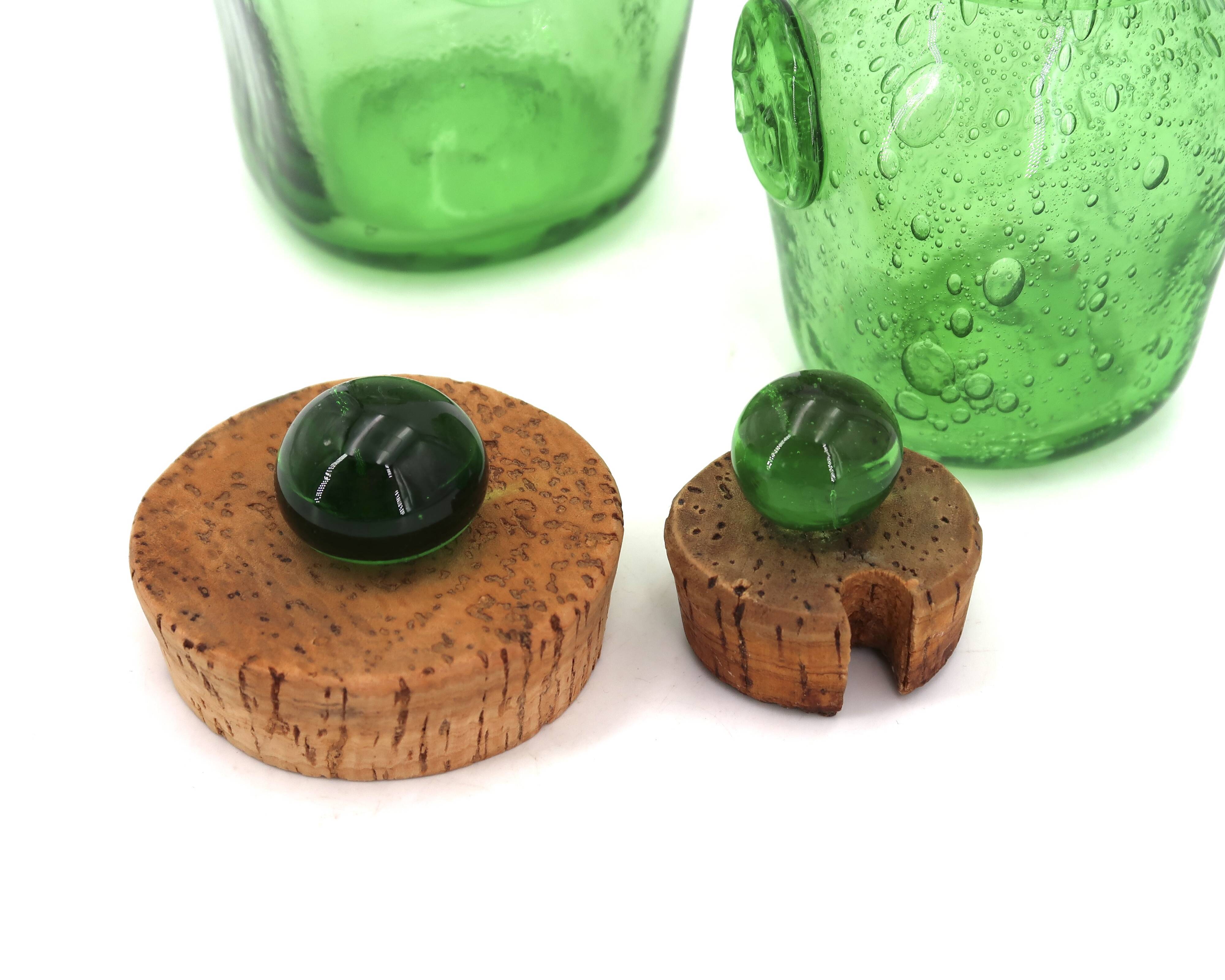Two green bubble glass sweet jars from Biot, 1960s.