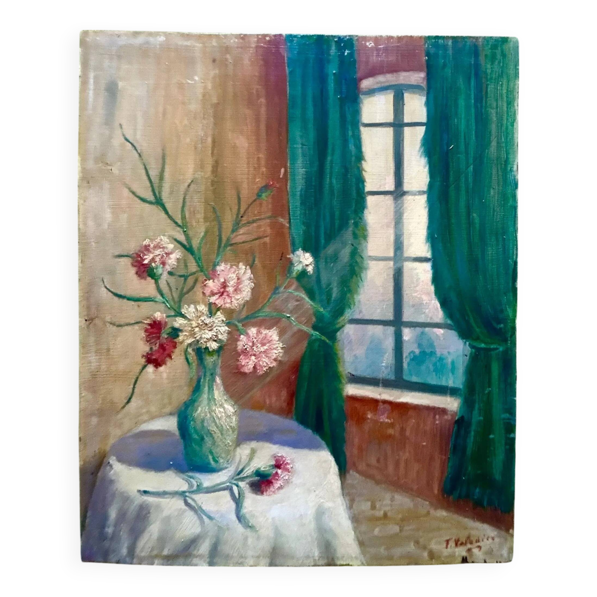 Vintage Signed Pink Floral Still Life Oil Painting