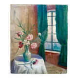 Vintage Signed Pink Floral Still Life Oil Painting