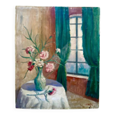 Vintage Signed Pink Floral Still Life Oil Painting