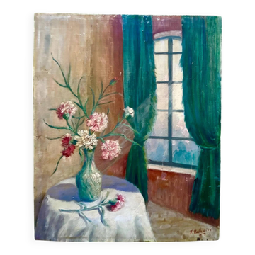 Vintage Signed Pink Floral Still Life Oil Painting