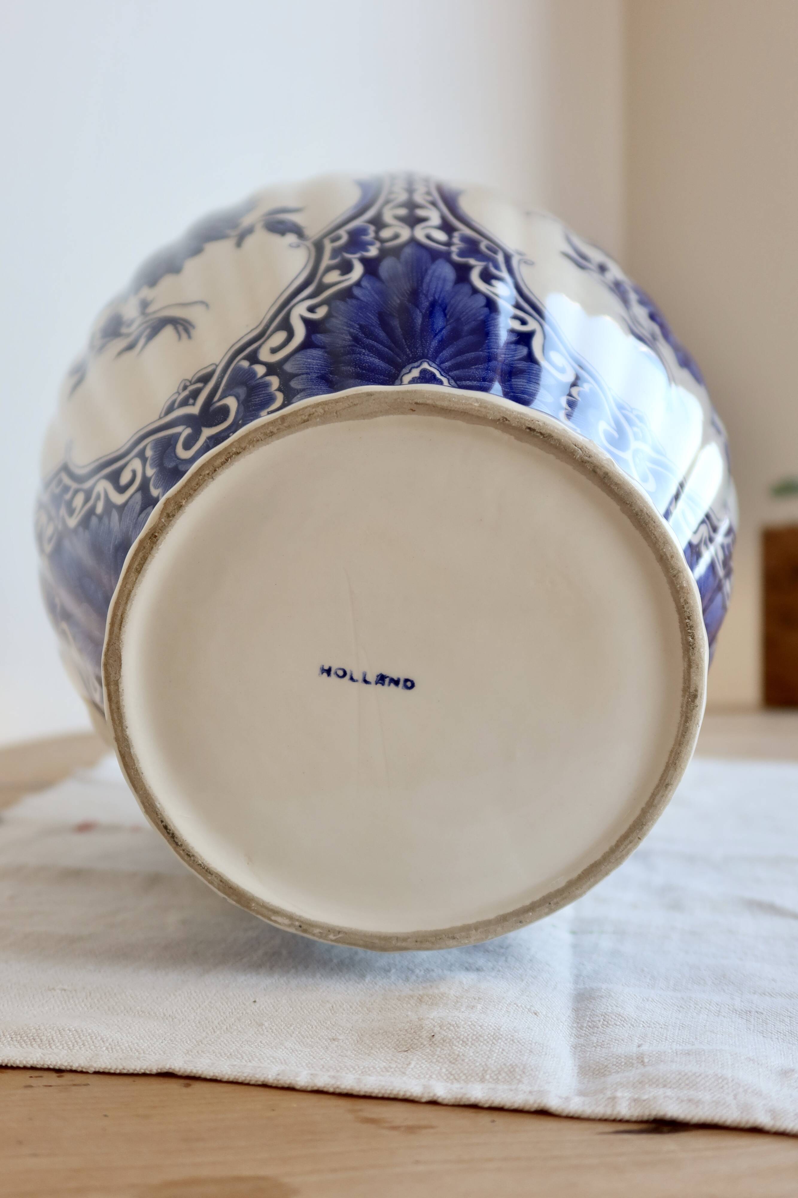 Vintage faience large vase - Blue and white Delft style - Floral decoration