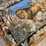 Antique velvet wall tapestry depicting a lion and lioness scene