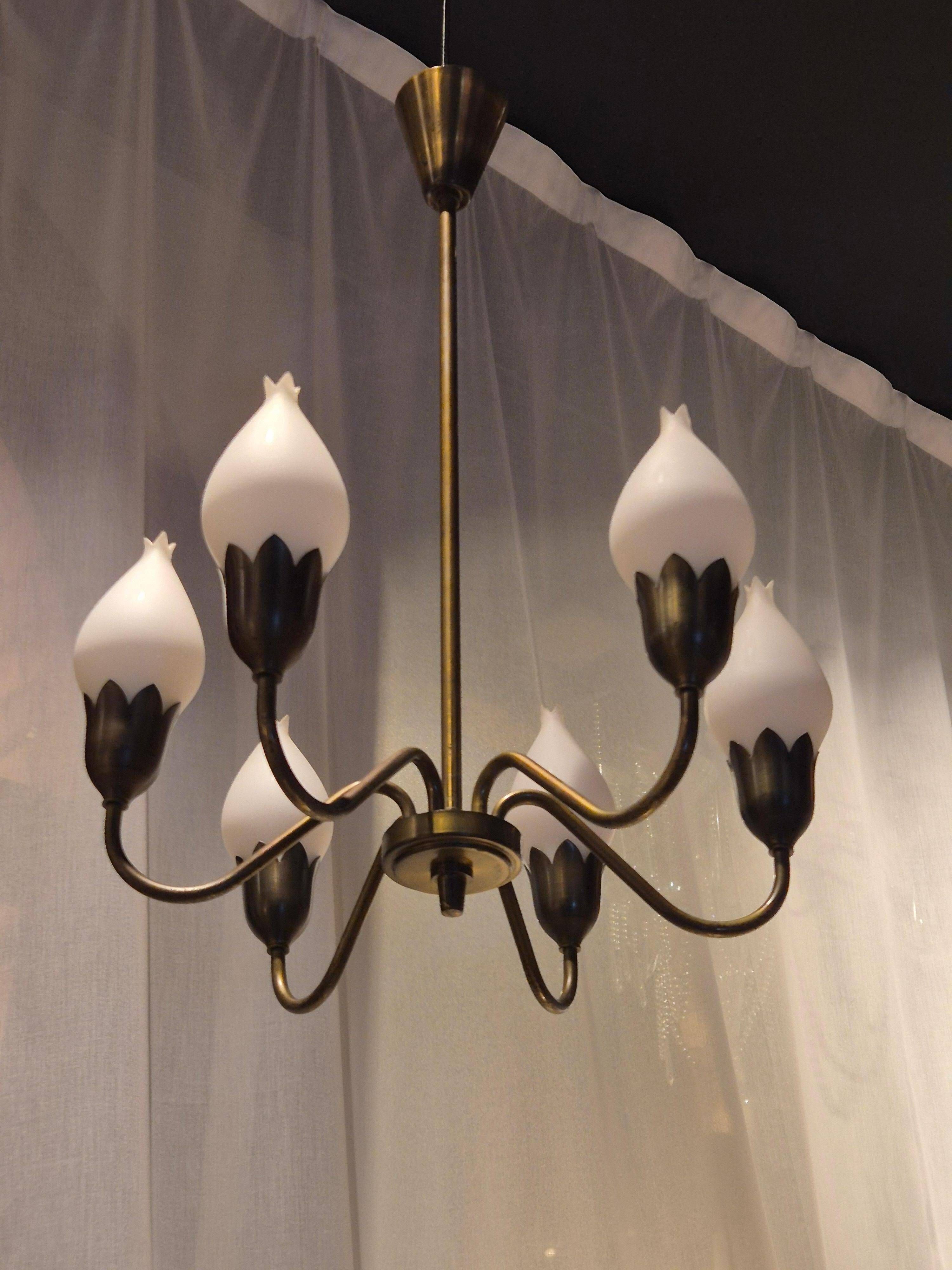 Lustre "Tulip" in brass and glass by Fog and Morup, Denmark.