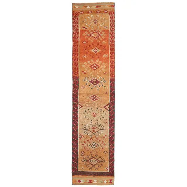 Tapis coureur vintage en laine et coton turc noué à la main orange 82x382